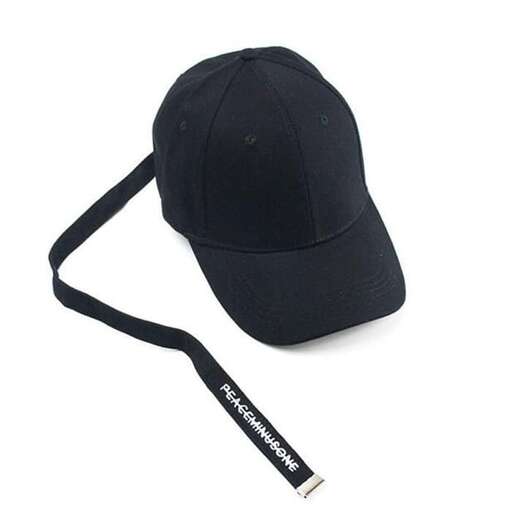 a black baseball cap with a strap on the side.