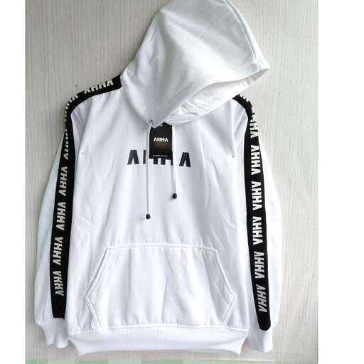 white hoodie with black lettering on the front and the hood.
