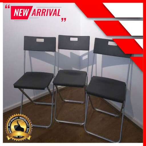 a set of three chairs with a red and white stripe.