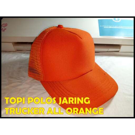 a orange baseball cap with a blue label on it.