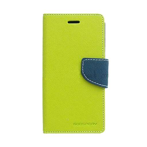 a green leather cell phone case with a blue strap.