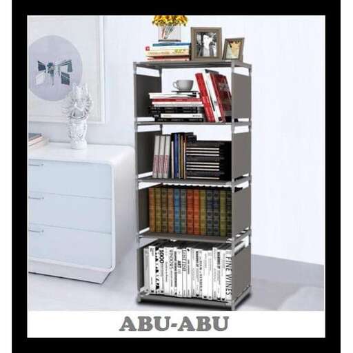 a book shelf with a book shelf and a white dresser.