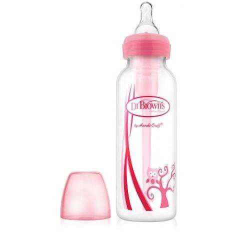 baby bottle with pink and red label.
