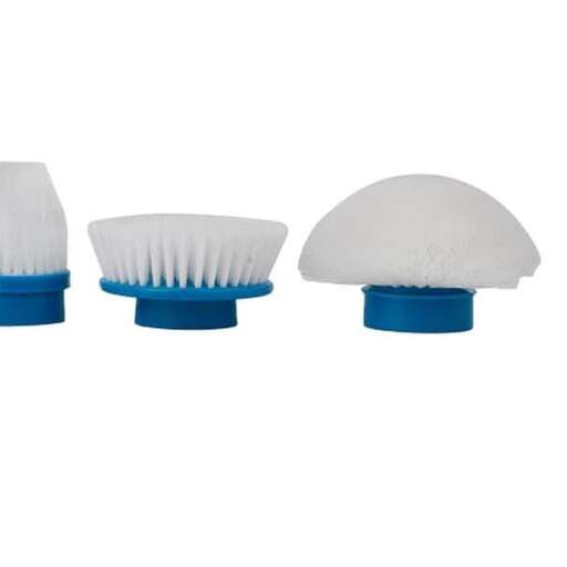 a blue and white plastic toothbrush holder with white plastic handles.