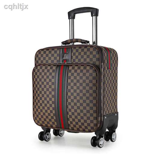 a suitcase with wheels and a checkered bag.