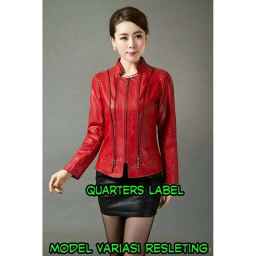 a red leather jacket with a black skirt and a red skirt.