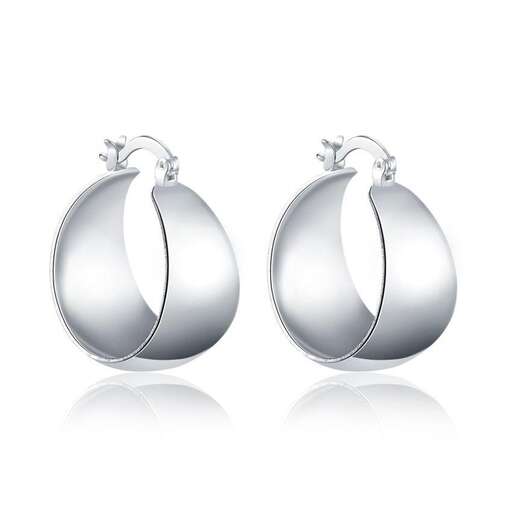 a pair of shiny silver earrings with a drop shadow on a white background.