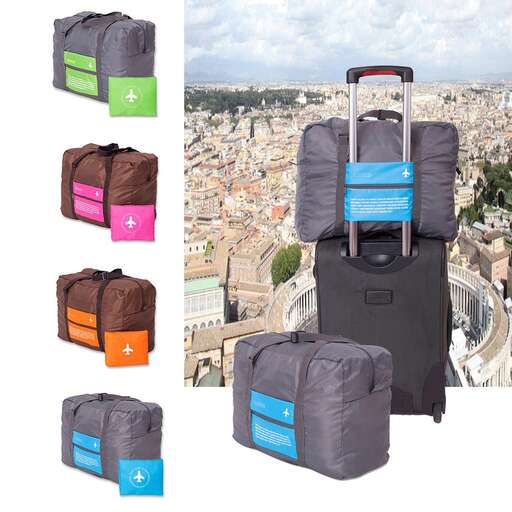 a large bag with a blue and grey bag on top of it.