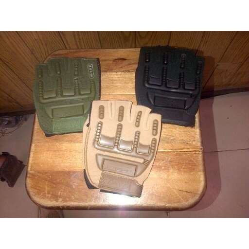 a wooden table with gloves on it