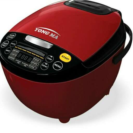 a red crock pot with a black handle.