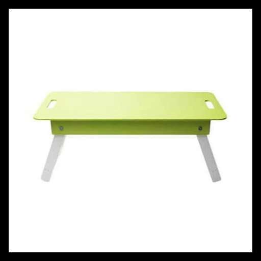 green table in the shape of a green bench