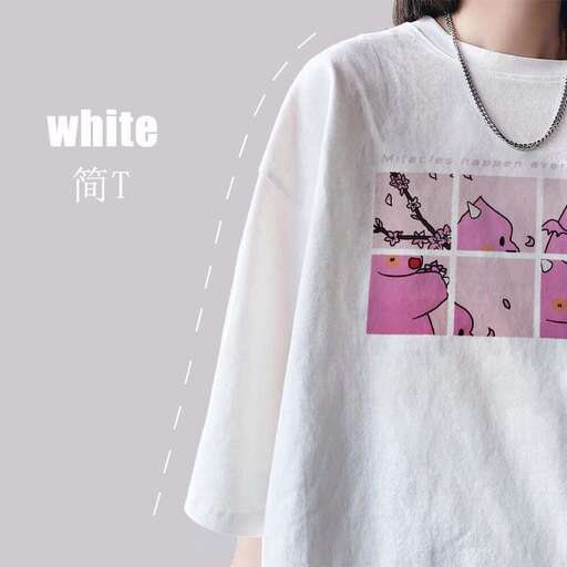 white t - shirt with a pink and purple design