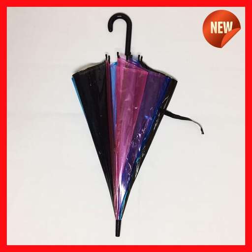 a black umbrella with a red and blue design.