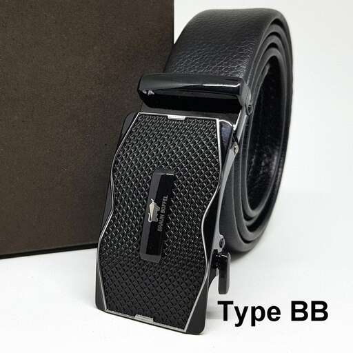 a black leather belt with a black strap.