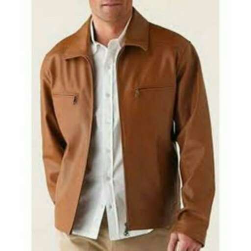 a classic leather jacket with a white shirt and khaki pants.