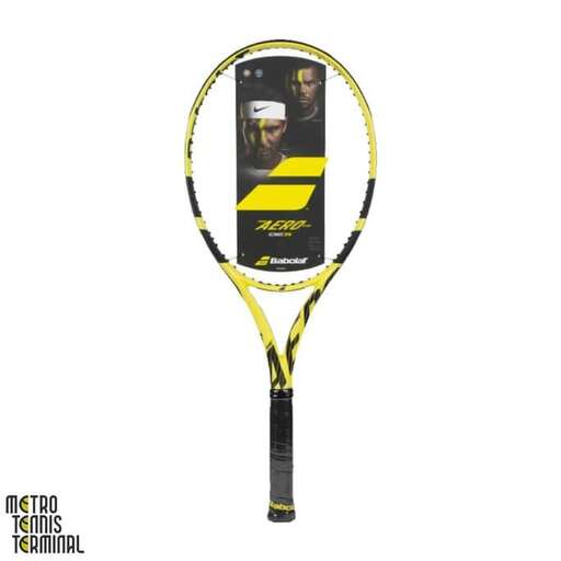 a tennis racket with a man in a white hat on it.