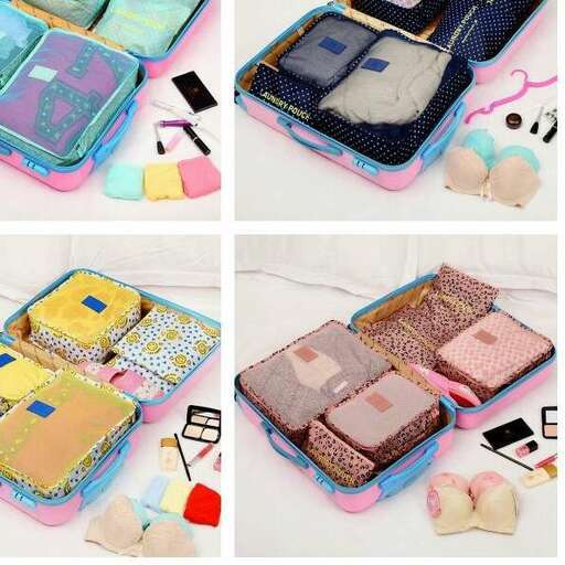 a collage of four different items in a suitcase.