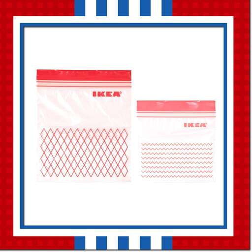 a set of red and white labels with a red border and blue stripes.