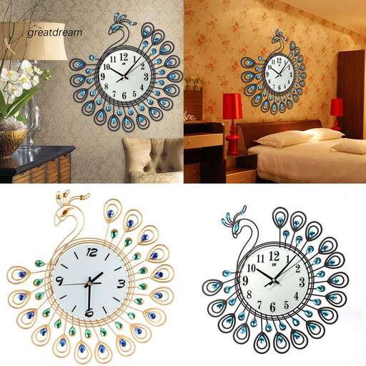 a clock with a peacock feather design on it.