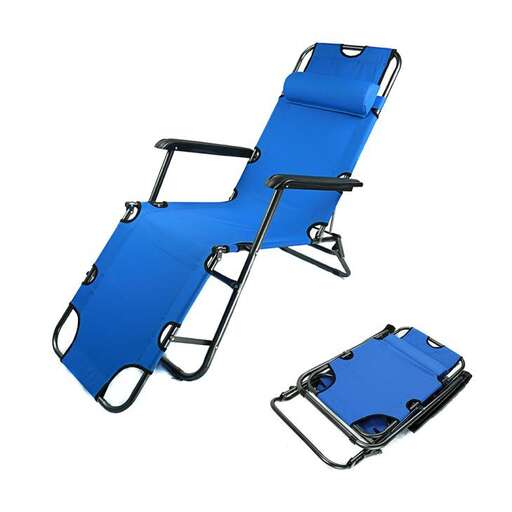 a blue folding chair with a folding chair.