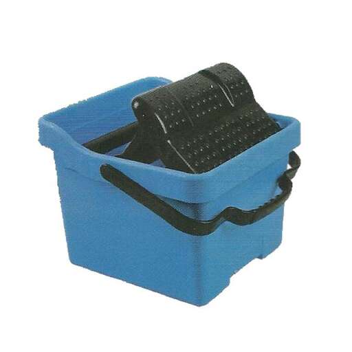 a blue plastic container with a black strap.
