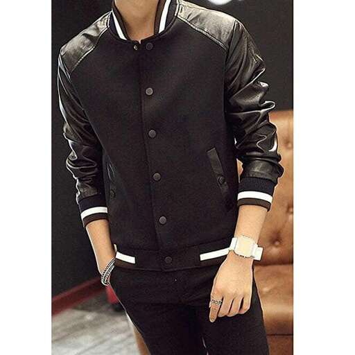 a man in a black jacket and white shirt