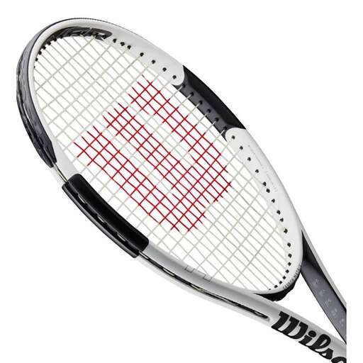 a tennis racket with a red logo on it.