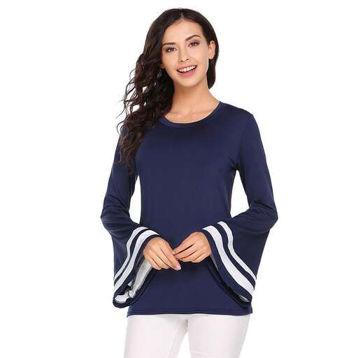 a long sleeved navy blue long sleeved sweater with white stripes and a striped waist.