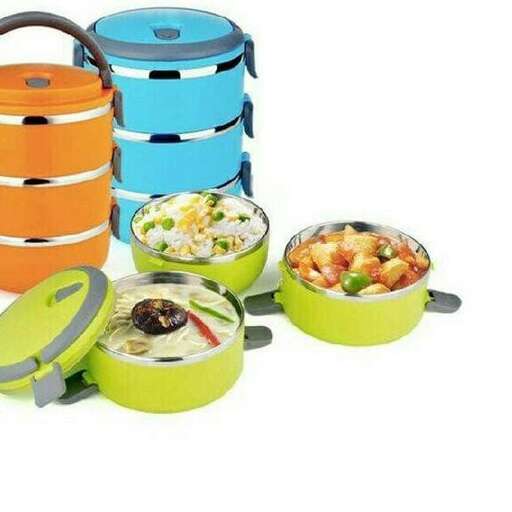 a collection of colorful containers with food.