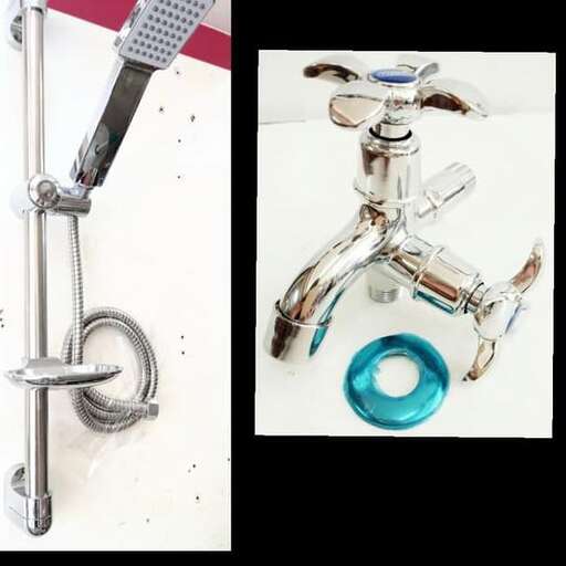 a silver water faucet and a blue and white bottle.