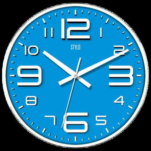 a blue clock face with a white face and hands.