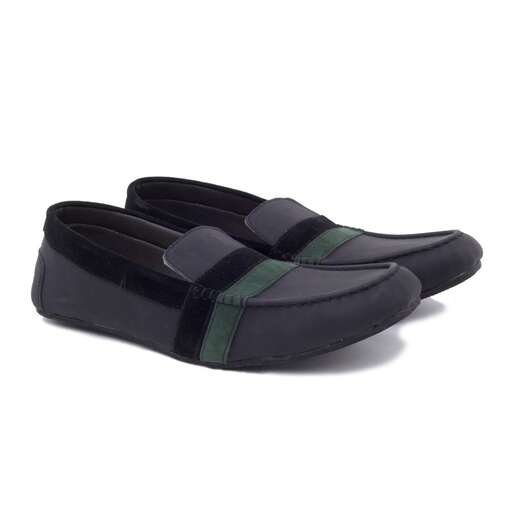 a pair of black leather slip - on shoes