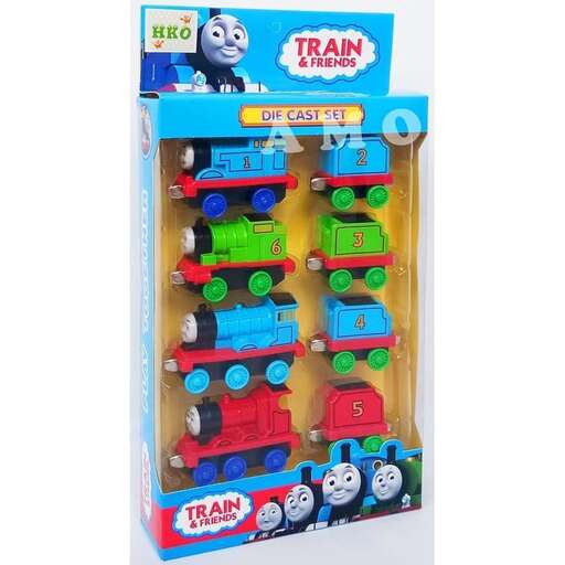 a toy train set with a toy train on top.