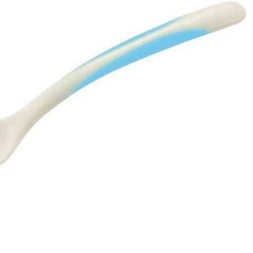 a toothbrush with a blue stripe on the bottom.