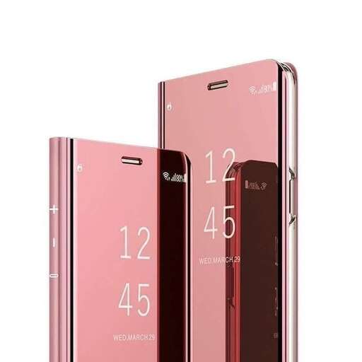 a smart phone with a pink case and a white clock.