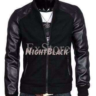 black leather jacket with a hoodie and jeans