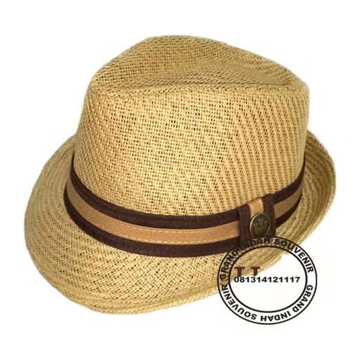 a straw hat with a brown band.