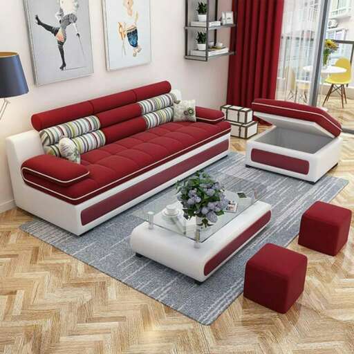 a modern living room with a sofa and a coffee table.