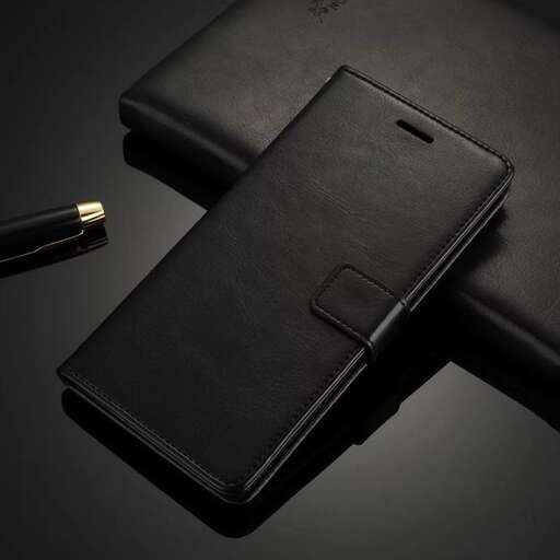 a black case with a gold buckle and a black cell phone.