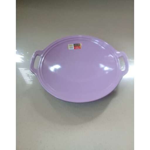a purple plate with a label on it.