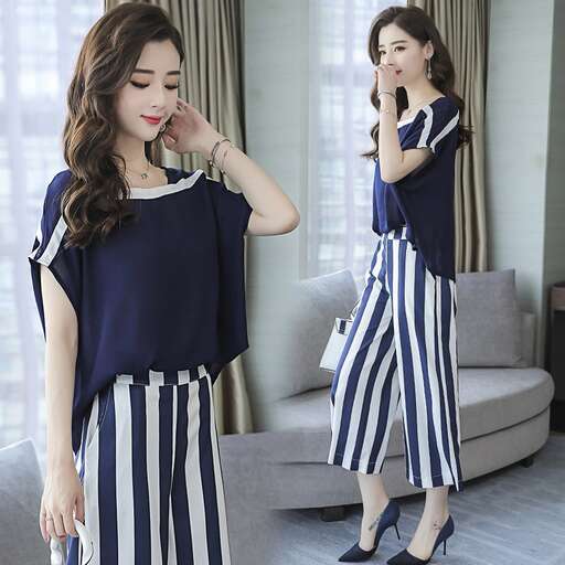 navy blue and white striped dress with a matching skirt