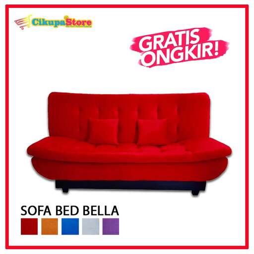 person, a red sofa with a pop of color