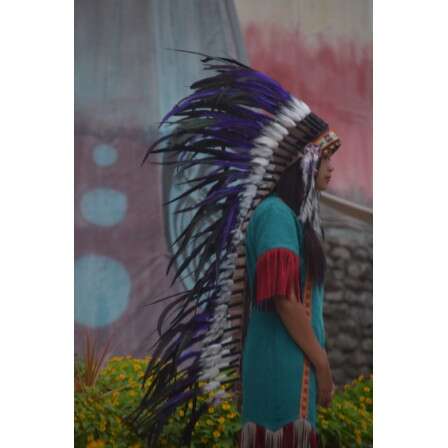 a woman in a blue dress with feathers on her head