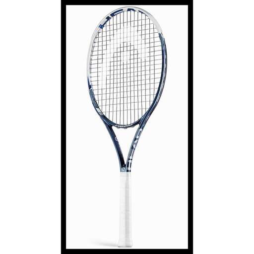 a tennis racket with a black frame.