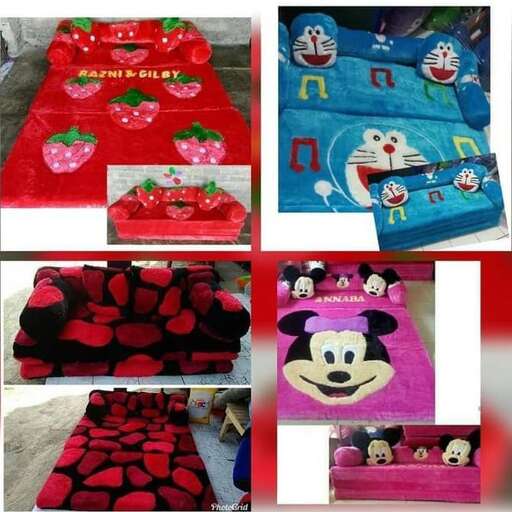 a collage of pictures of a stuffed animal and a blanket.