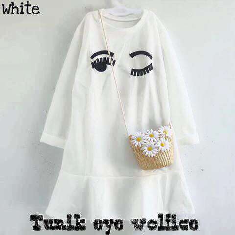 white dress with black eyes and a white shirt