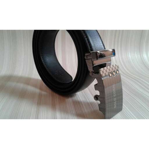 a black leather belt with a silver buckle.