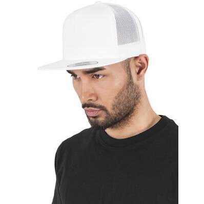a man wearing a white baseball cap with a white stripe on the side.