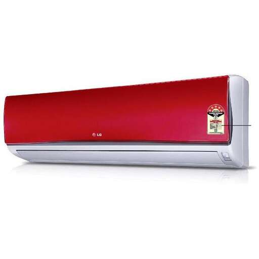 a red and silver refrigerator.