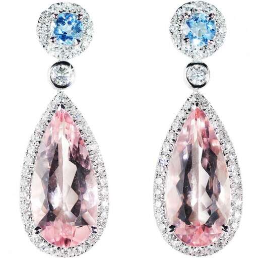 a pair of earrings with sapphires and diamonds.